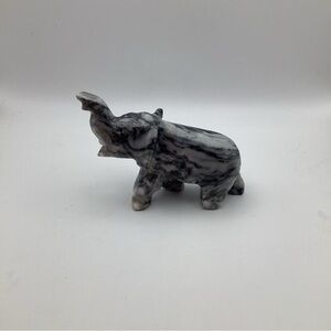 Hand Carved Stone Elephant Figurine Trunk Up -Gray/Veins of Black raised trunk